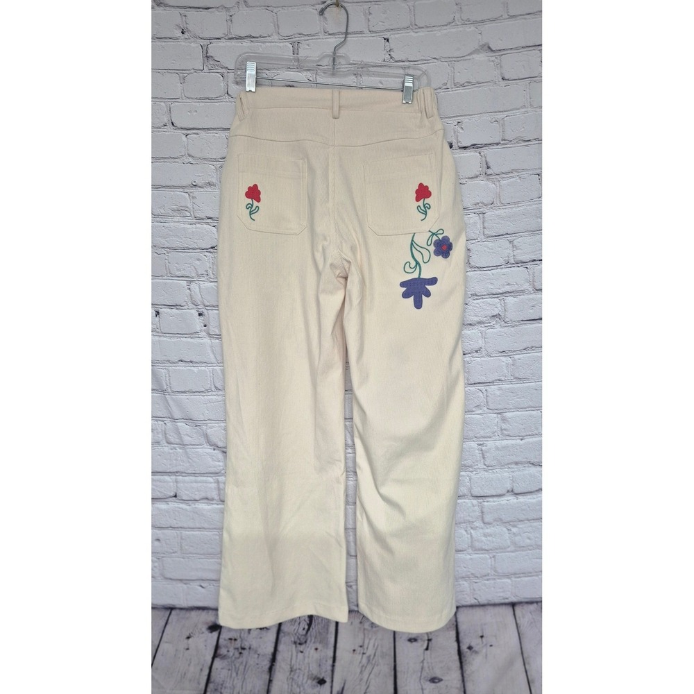 Floral Embroidered Corduroy Pants Cream Boho‎ Cottagecore Size M NWT - Picture 7 of 12